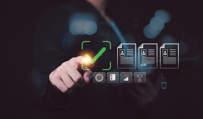 Fototapeta premium Recruitment specialist verifying candidate qualifications through applicant screening, resume validation, talent assessment, hiring compliance, workforce evaluation, personnel verification