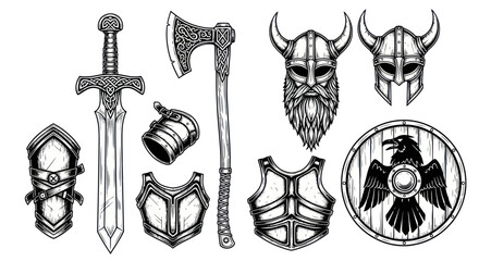 Ornate viking warrior armor and weapons collection in hand drawn style © kucir