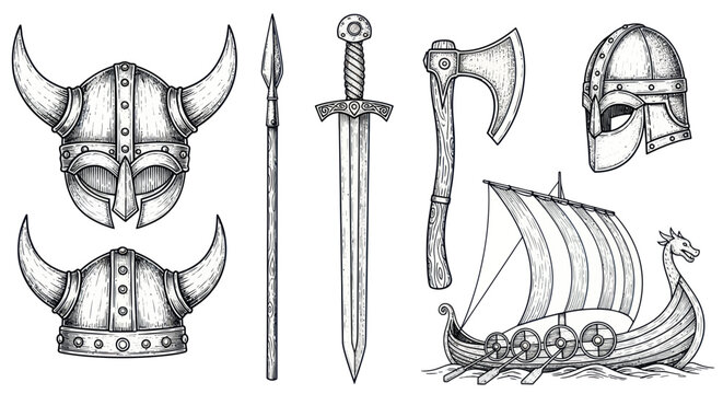 Medieval viking weapons and gear set with helmets sword and longship