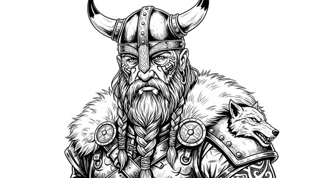 Powerful viking warrior with braided beard and horned helmet