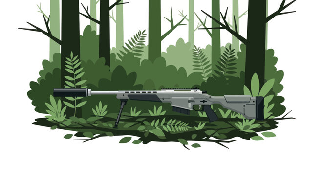 Modern sniper rifle with silencer resting in a green forest