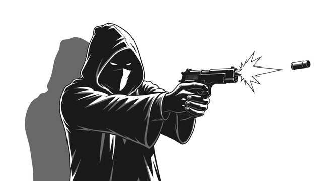 Hooded assassin firing a pistol with muzzle flash and ejected shell