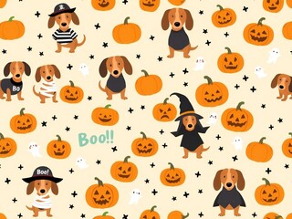 Fototapeta premium Cute dogs in costumes and jack-o'-lanterns celebrating halloween