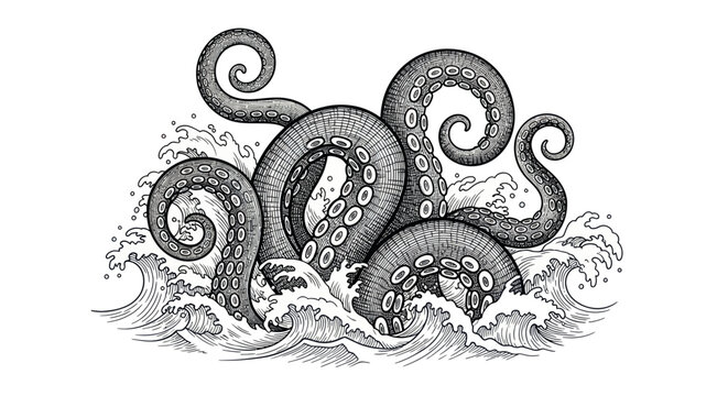 Giant octopus tentacles rising from stormy ocean waves