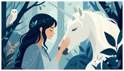 Woman Petting White Unicorn. © iwak