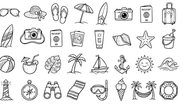 Title: Hand Drawn Summer Beach Travel Doodle Icon Set with Vacation Holiday Elements Professional Pest Control Technician Walking and Spraying Chemical Pesticide Line Icon Vector Illustra Illustration