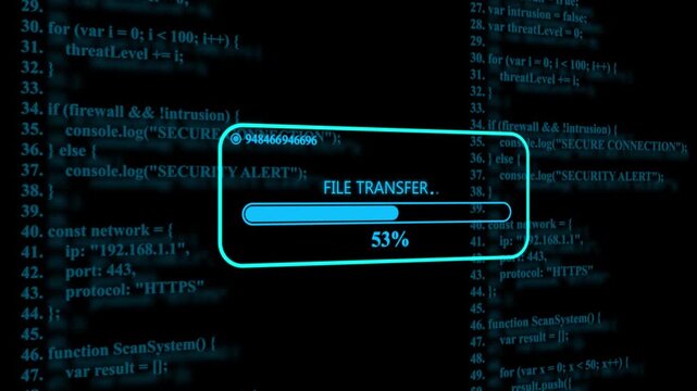 Digital file transfer progress bar with scrolling source code background, for cybersecurity and, software development concepts