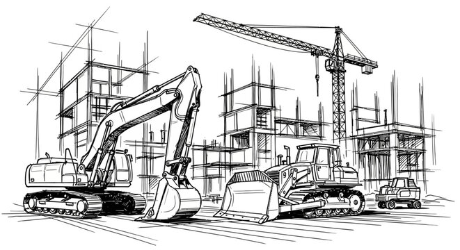 Architectural Sketch of a Busy Construction Site with Heavy Machinery and Buildings Under Development