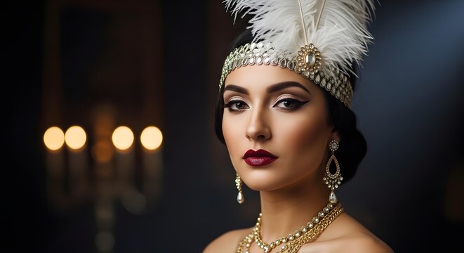 Portrait of a beautiful woman in 1920s flapper style with feather headband and vintage jewelry