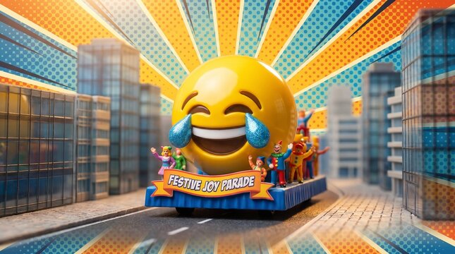 Parade float features a giant laughing yellow emoji head rolling down a city street while enthusiastic crowds watch the festive community event under a bright comic style sunburst backdrop.
