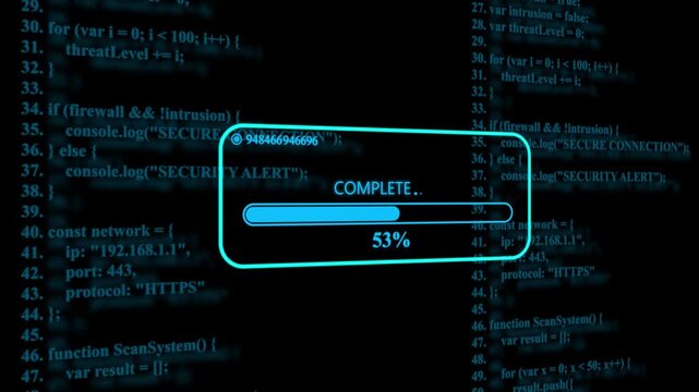 Digital data loading progress bar over abstract cyber security source code background