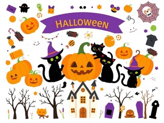 Naklejka premium A vibrant and playful halloween scene featuring pumpkins, black cats, and witches.