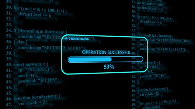 Digital data processing progress bar with cyber security code background, programming coding software development