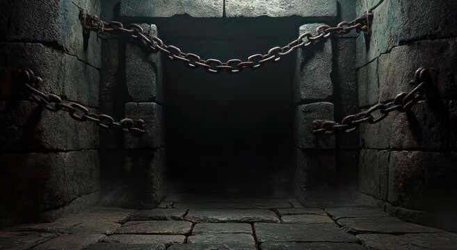Dark stone dungeon entrance sealed by heavy rusted chains, cracked flagstone floor and shadowy void evoking tension and dread