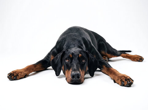 Photorealistic portrait of a Doberman Pinscher lying flat on its stomach with front paws extended forward in a "sploot" pose, ears floppy