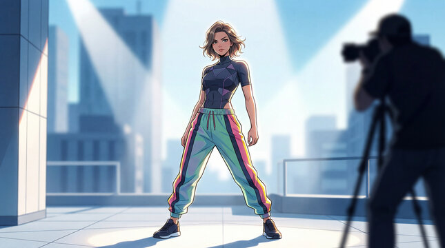 Animated female model posing during rooftop fashion shoot while photographer silhouette works near city skyline for campaign creator economy digital character media content scene visual
