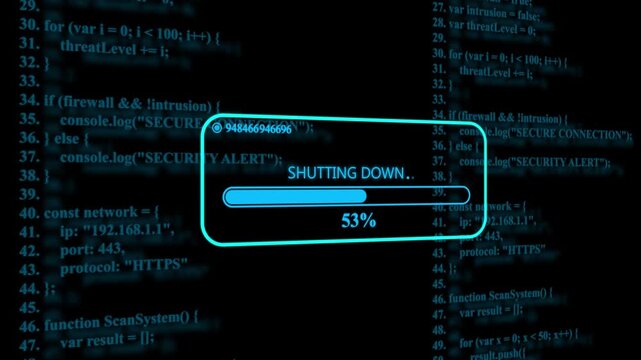 System shutdown progress bar with cyber security code background, digital technology concept, loading computer code