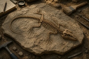 Naklejka premium articulated. Articulated reptile skeleton in sedimentary rock with tools, archaeological excavation and fossil discovery concept. STEM education sheets.
