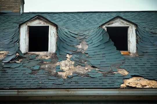 two dormer windows on a weathered roof with peeling green shingles, exposed underlayment and rotting trim conveying decay and neglect