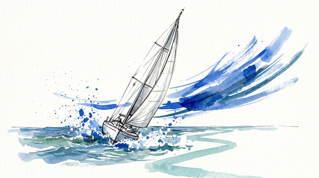Blue teal watercolor ink sailboat tacking against wind, representing business agility, strategic adaptation, navigating challenges and resilient leadership concept