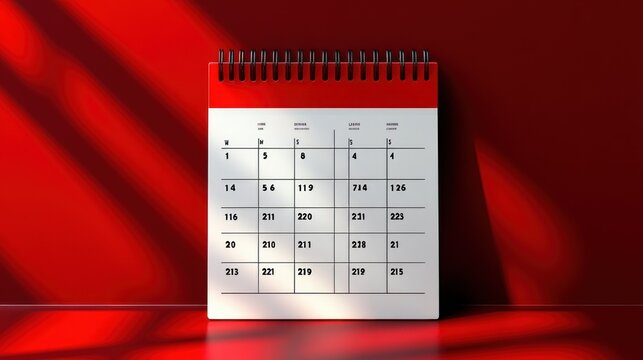 spiral-bound desk calendar standing on a glossy red surface against a red wall with bold diagonal shadows, minimal numbered grid conveying focus and dramatic urgency