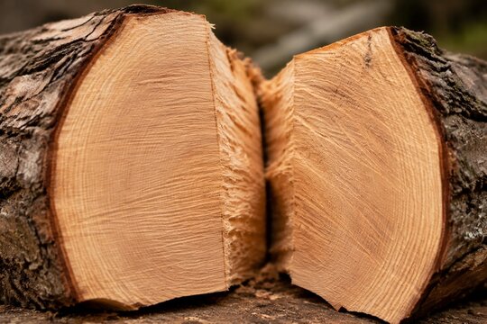 A wooden log cleanly split by an axe, revealing a fresh cross-section.