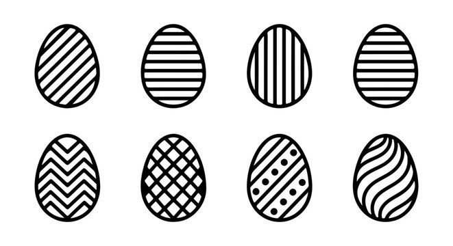 Set of 8 Decorative Easter Eggs, Festive Holiday Icons, Simple Black and White Vector Graphics