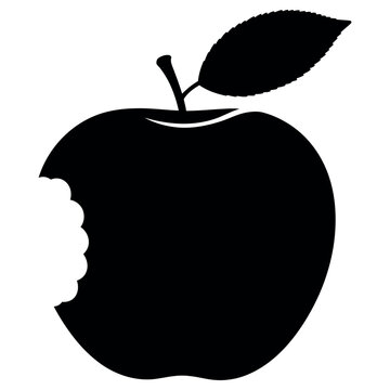 Simple black silhouette icon of a bitten fresh apple with a single green leaf isolated on white background
