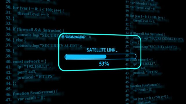 Satellite link loading progress bar over digital programming code background