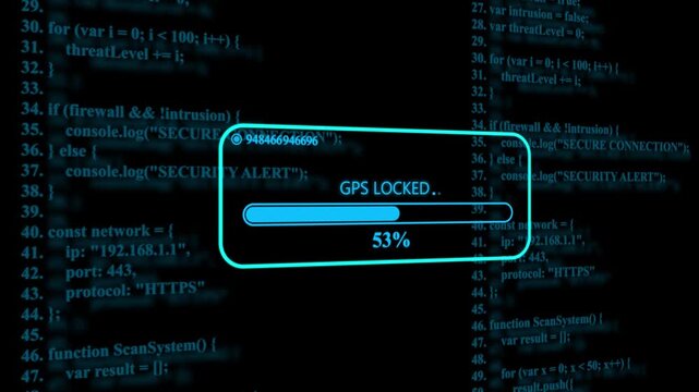 Digital gps tracking loading bar over cyber security programming code background, progress