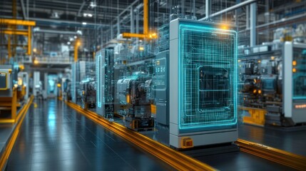 Fototapeta premium Futuristic factory production line with glowing blue holographic machine models, orange conveyor rails, robotic equipment and precise high-tech atmosphere