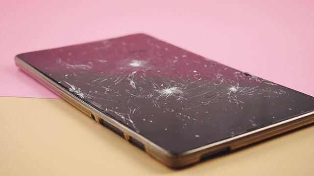 Broken phone screen on a table with pink background