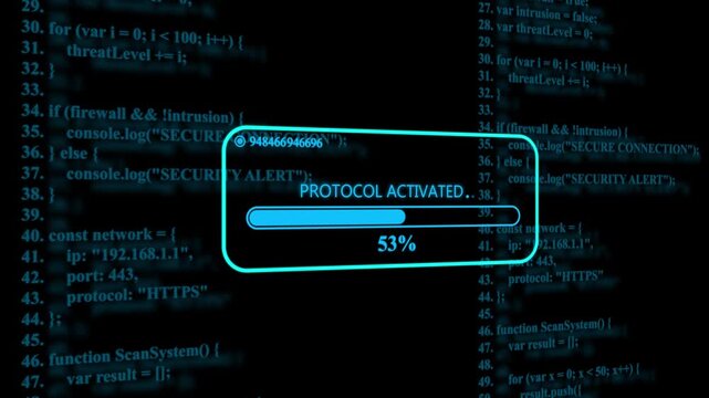 Cybersecurity protocol activated loading bar over digital source code background, programming software development