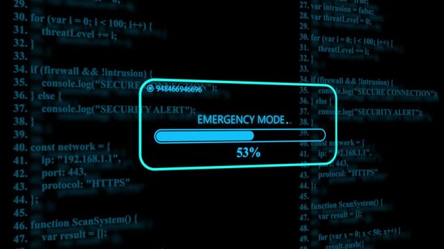 Emergency mode system loading interface with scrolling programming code background, loading bar progress bar