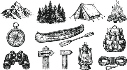 Vintage outdoor adventure elements including mountains trees tent campfire canoe compass binoculars and camping lantern in a hand-drawn sketch style for travel and exploration themes © Mahi Fattah