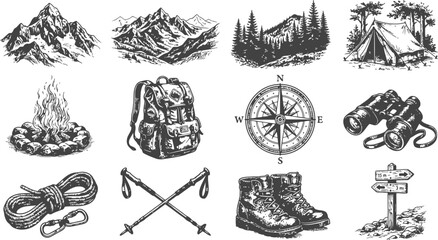 Vintage outdoor adventure icons with mountains campfire tent and camping gear for exploration themes © Mahi Fattah