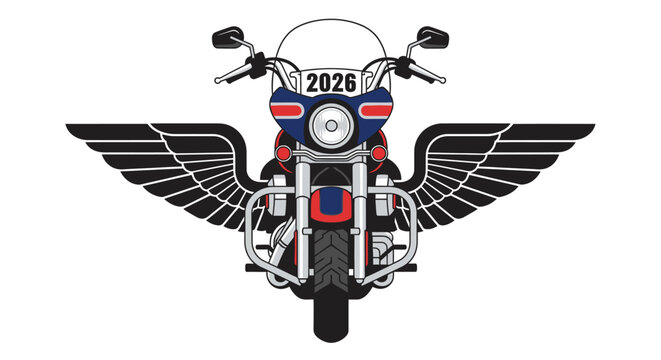 Vector Illustration of a Front View Heavyweight Touring Motorcycle Featuring Majestic Spread Wings and a Personalized 2026 License Plate