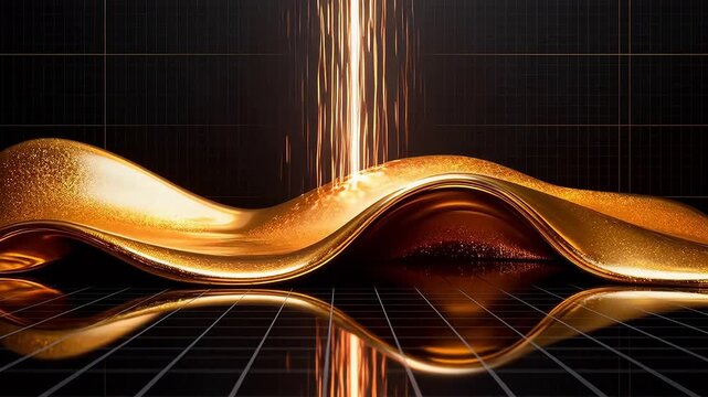 Golden flowing liquid on reflective surface