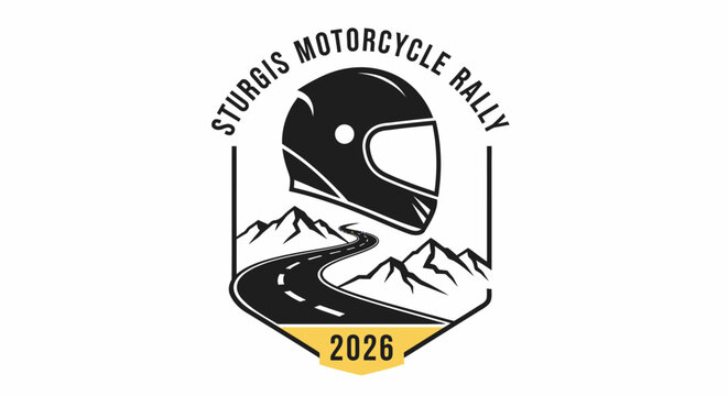 Vintage motorcycle rally badge for 2026 featuring a black helmet icon with a scenic mountain road and winding highway path for bikers
