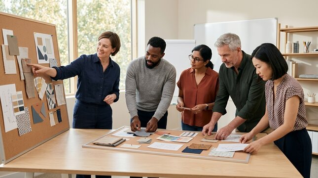 Diverse team of five creative professionals collaborating on a design project in a modern office space, reviewing samples and mood boards.