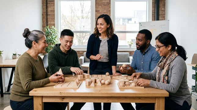 Diverse group of five adults collaborating and smiling around a wooden table with building blocks, engaged in a team-building activity or game.