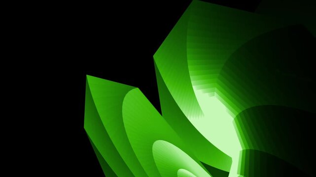 Abstract 3D animation of looping geometric green crystal shapes on a black background