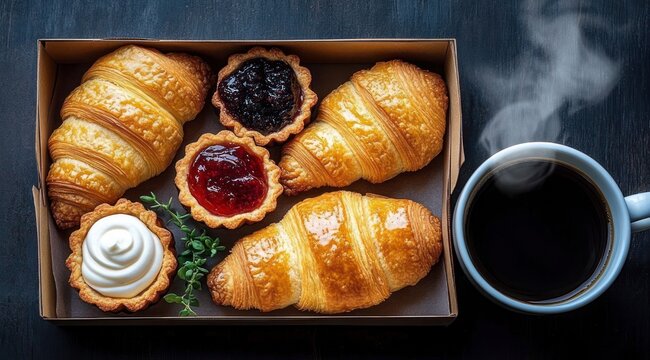 Three golden croissants and three assorted fruit and cream tarts in a box next to a steaming cup of black coffee on a dark wooden table, warm inviting breakfast scene