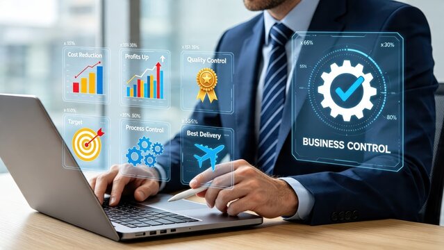 Businessman using laptop with holographic interface displaying business control metrics including cost reduction, profits up, quality control and process management.