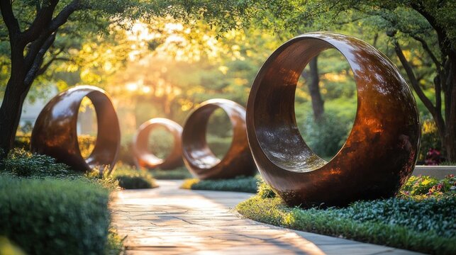 large weathered metal ring sculptures lining a paved garden path beneath trees at golden hour, warm sunlight and serene tranquil atmosphere