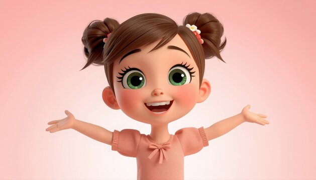 Cheerful little girl with pigtails welcoming and smiling cheerful welcoming pigtails character portrait expression friendly greeting positive animation innocent adorable features