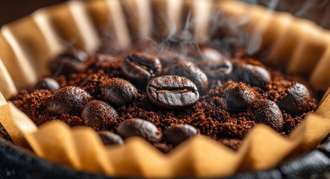 Steaming roasted coffee beans and fresh grounds layered in a paper filter, warm aromatic close-up evoking cozy morning comfort
