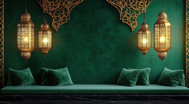 emerald green velvet bench with plush pillows under glowing ornate brass lanterns and gold arabesque panels, cozy warm luxurious lounge with black marble base