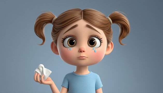 Crying cartoon girl holding tissue 3D character illustration with character depressed pigtails rendering animation distressed troubled expression portrait isolated disappointment suffering