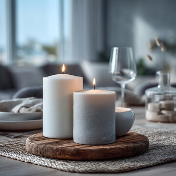 Two lit pillar candles on wooden base with home interior atmosphere relaxation